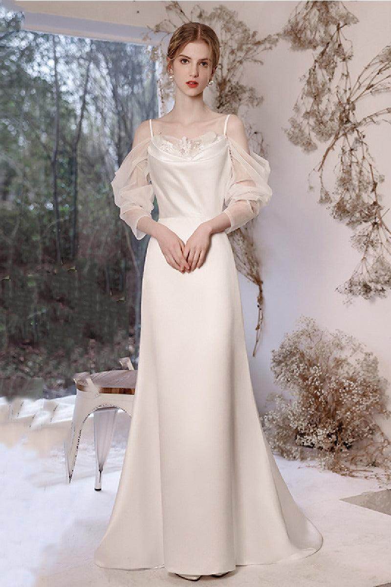 Sheath-Column Sweep-Brush Train Satin Wedding Dress 842075307132 - COCOMELODY